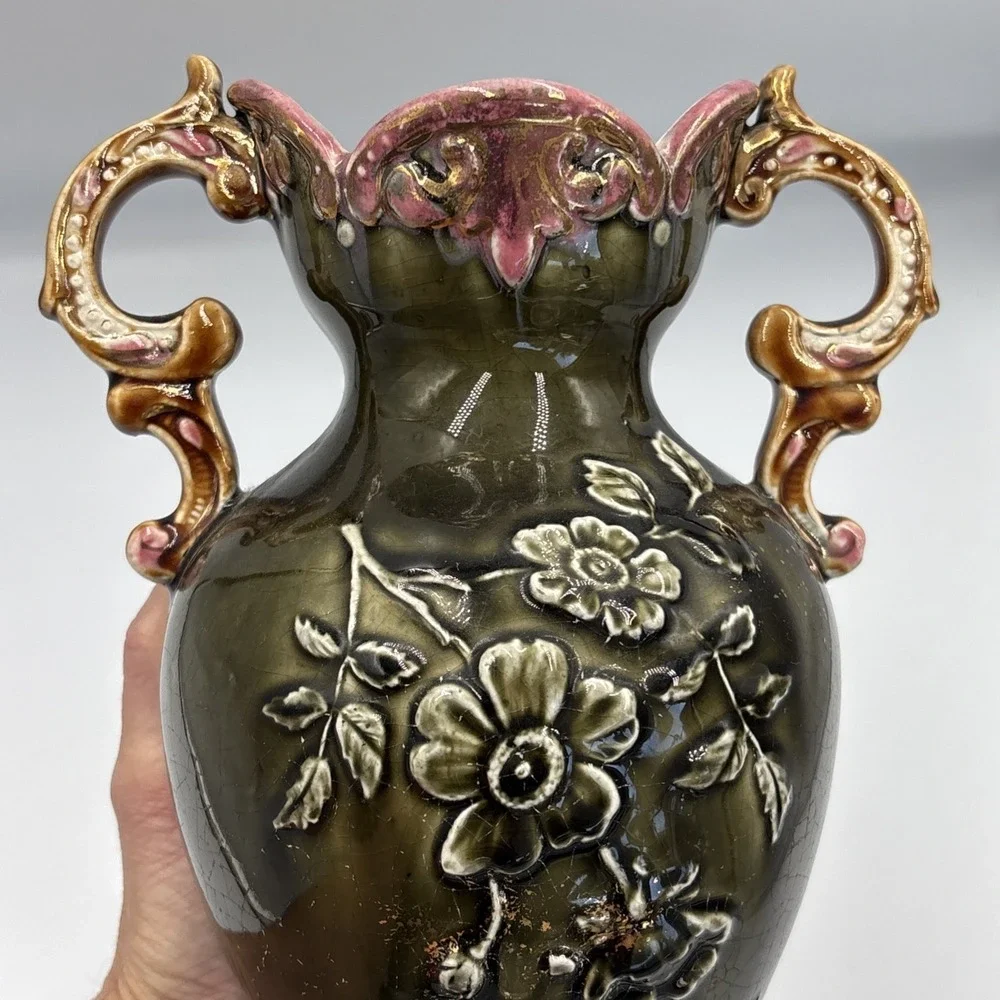 19th Century Eastern European Majolica Vase Raised Flowers 10